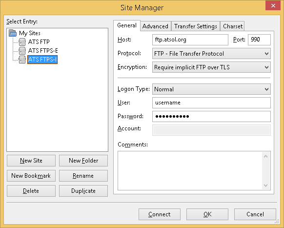 Settings for FTP over Implicit SSL (FTPS)